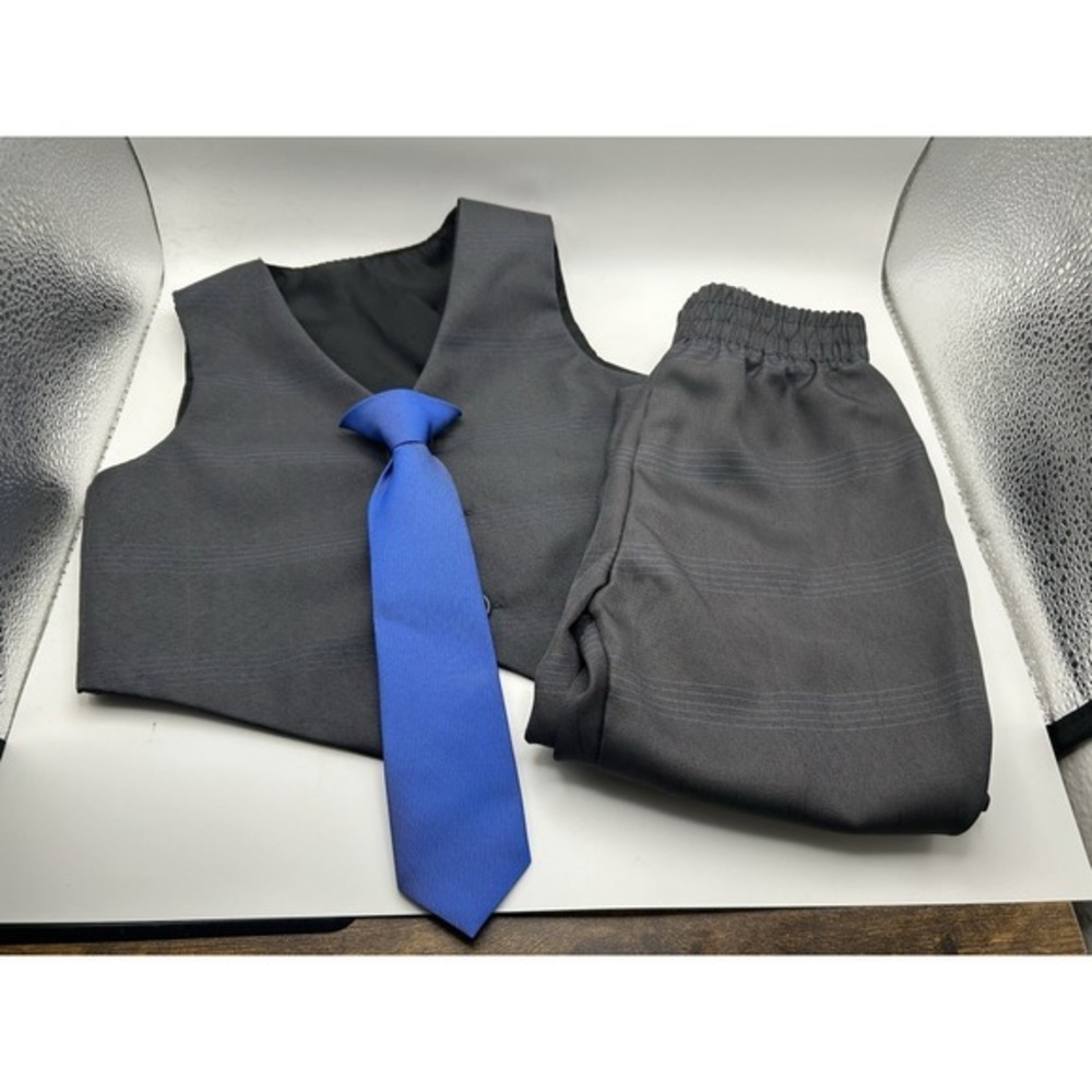 3-PC 6-9 Months Boys Gray Tux Vest & Pants & Blue Clip On‎ Tie